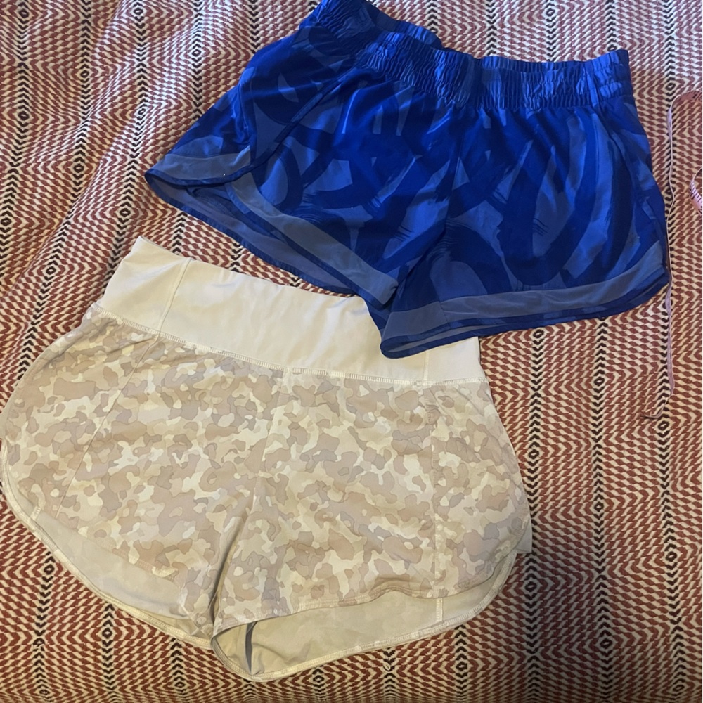 Two (2) ATHLETA Running Shorts (in White Pebble & Royal Abstract)